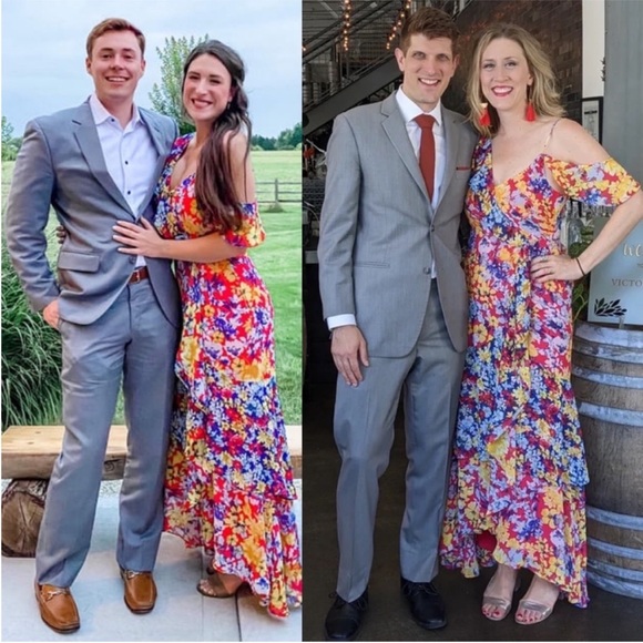 🌿 Red Radiant Ruby Floral Chiffon Asymmetric Dress 🌿 - Picture 8 of 14